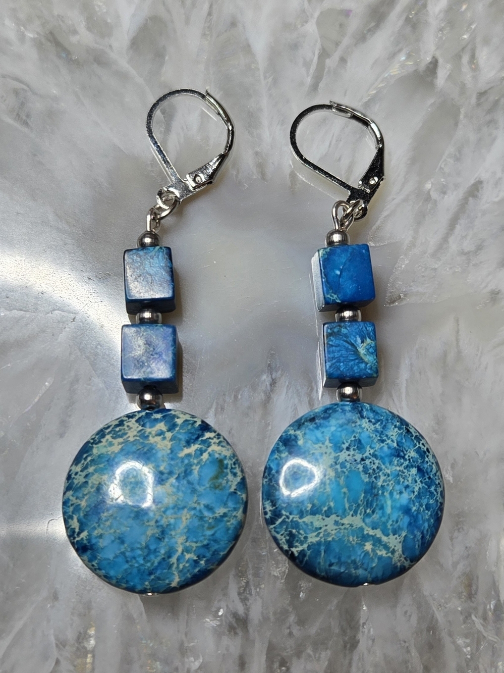 Cobalt Blue Marbled Sea Sediment Jasper Drop Earrings - Women Jewelry